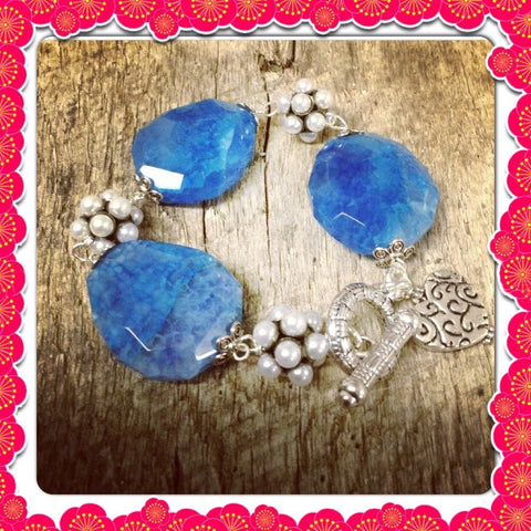 Brilliant Blue Agate & Raspberry Pearl Bracelet