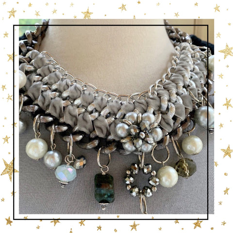 Bold Chains, Pearls, and Flowers Statement Necklace