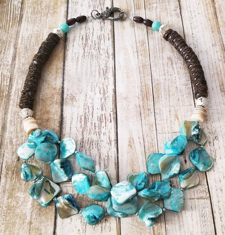 Happy At the Beach Necklace (Aqua Mother of Pearl, Ocean Shell, and Ox Bone Wood)