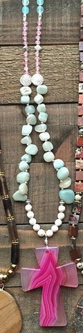 Lovely Turquoise & Stones Necklace with Pink Cross